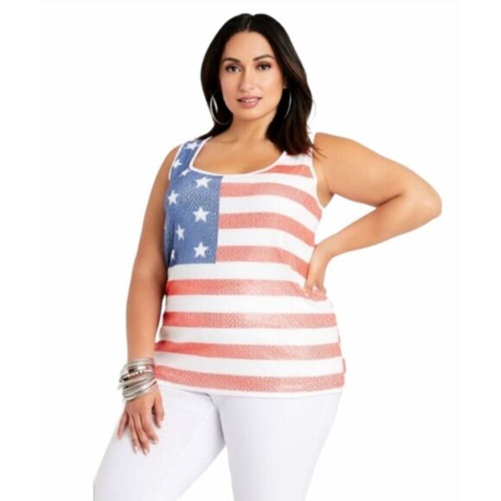 NEW Ashley Stewart Sequin‎ American Flag Scoop Neck Tank, Red, White and blue